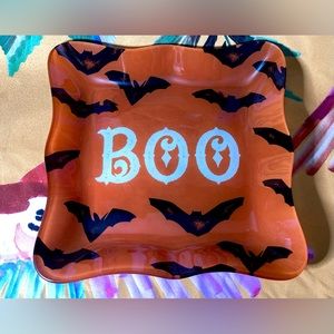 Orange and Black Glass Halloween BOO Bat Dish Creepy Cute Decor